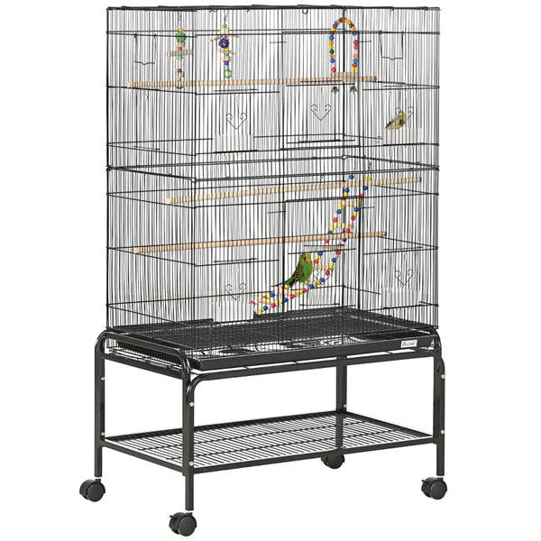 Black Steel Budgie Cage with Stand & Toys - 133cm High