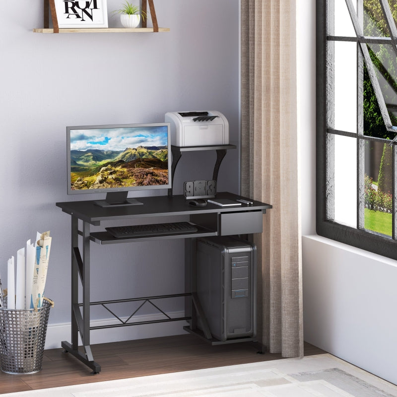 Black Computer Desk with Display Stand and Sliding Keyboard Tray