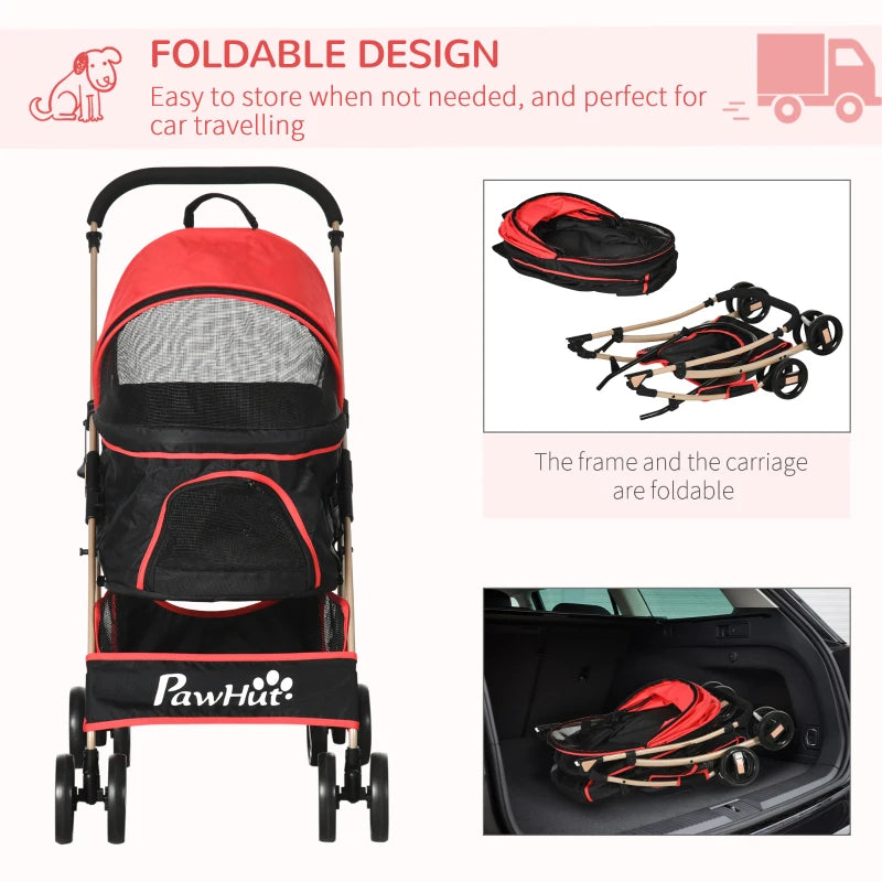 Red Pet Stroller with Rain Cover, 3-in-1 Cat Dog Pushchair