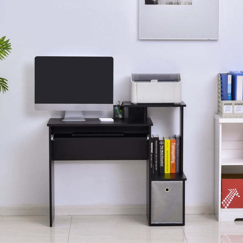 Black Computer Desk with Sliding Keyboard Tray & Storage Drawer