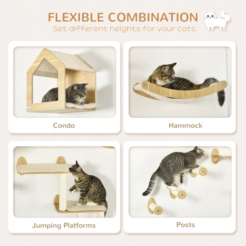 Cat Wall Climbing Set with House, Perches, Posts - Gray