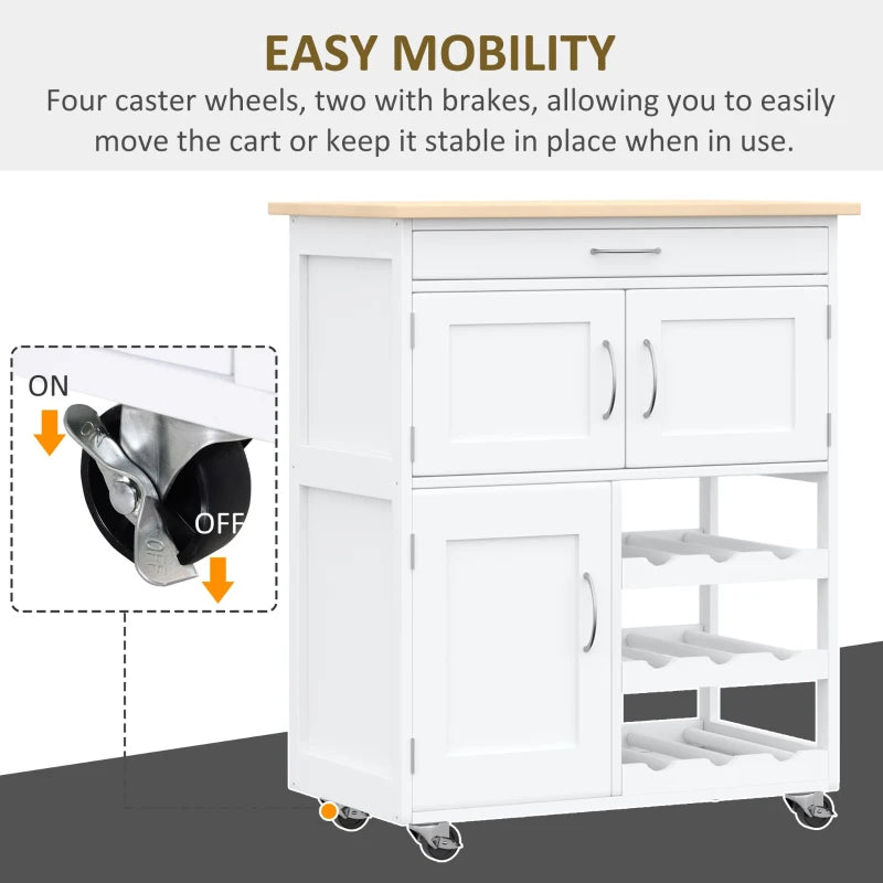 White Kitchen Trolley with Wine Rack and Storage