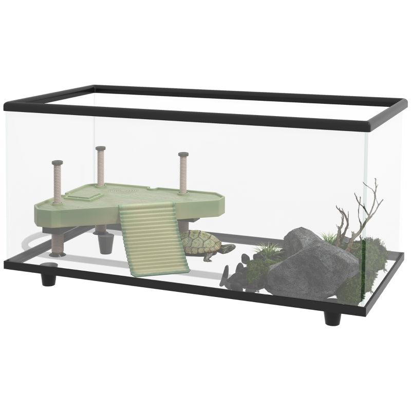 Glass Turtle Tank Aquarium with Basking Platform - 50L, Easy Drainage, Thermometer - Blue