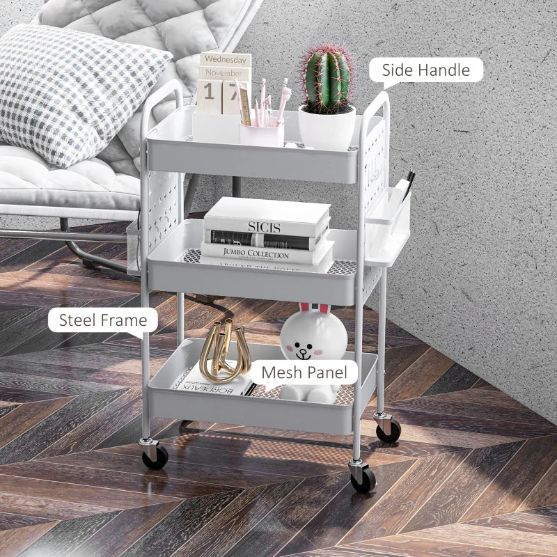 White 3-Tier Rolling Storage Trolley with Baskets and Hooks