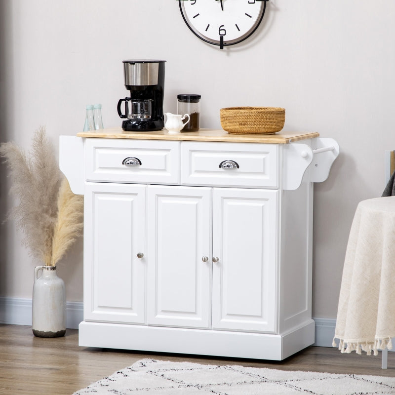 White Rolling Kitchen Island Cart with Storage and Towel Rack