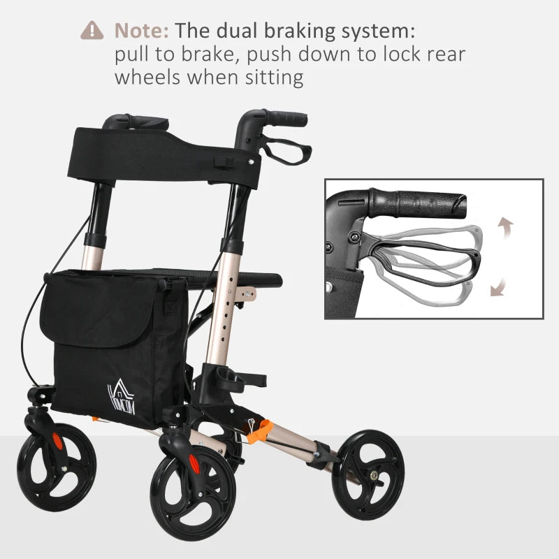 Gold Folding Rollator with Seat and Brakes