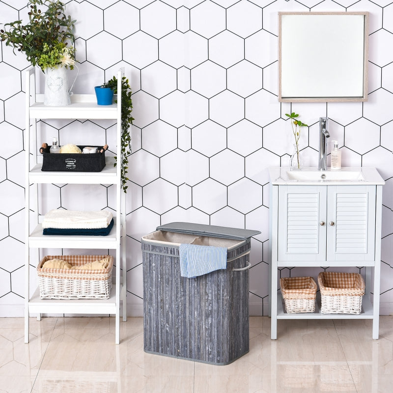 Grey Wooden Laundry Basket with Split Compartment and Lid