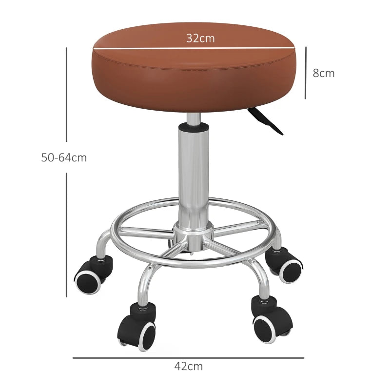 Brown PU Leather Rolling Salon Stool with Adjustable Height and Wheels