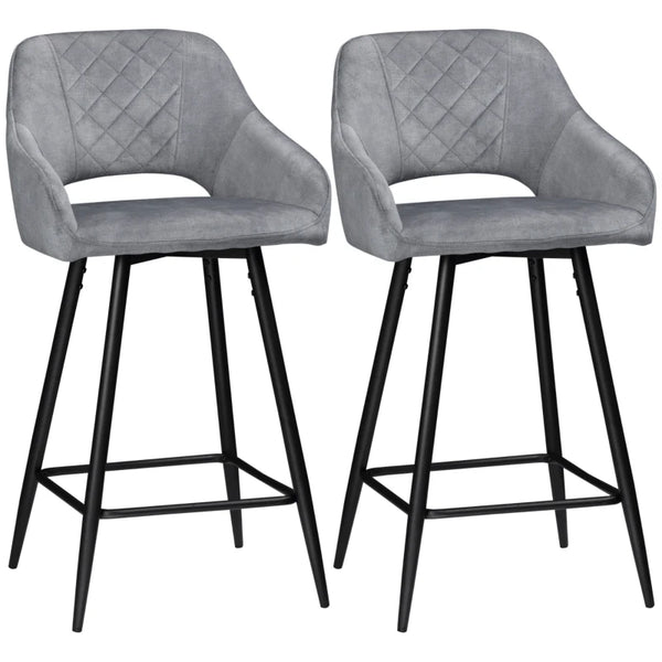 Grey Velvet Counter Height Bar Stools Set of 2 with Steel Legs