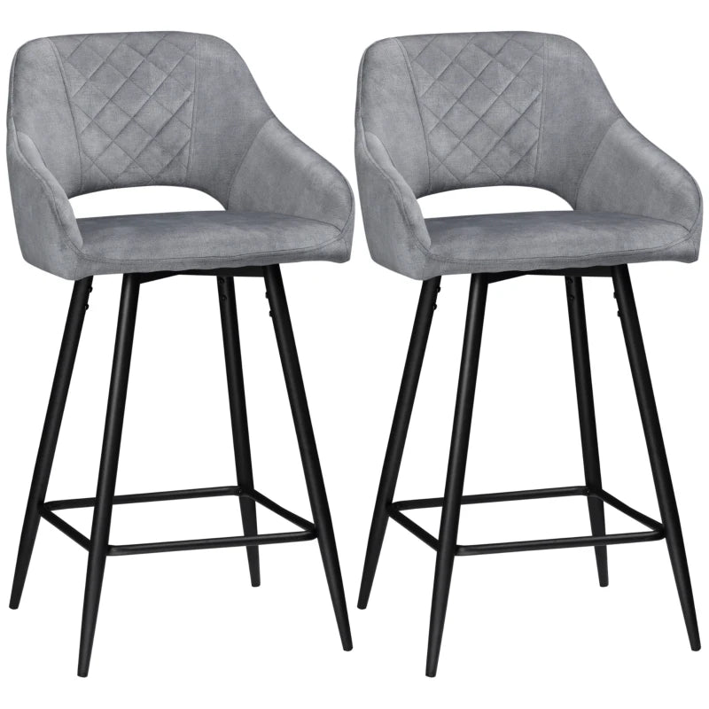 Grey Velvet Counter Height Bar Stools Set of 2 with Steel Legs