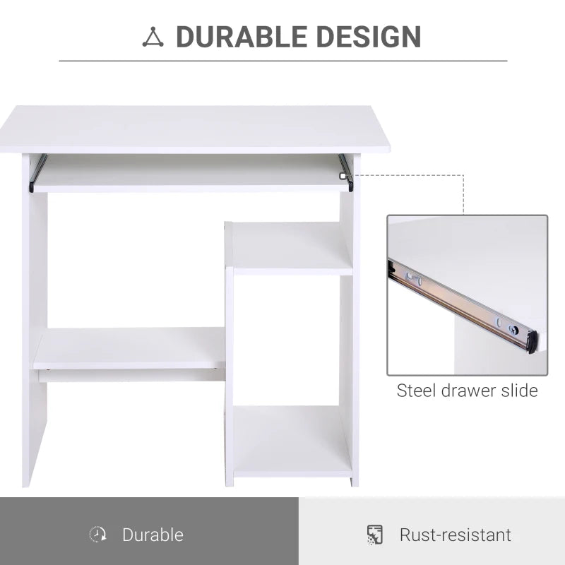 White Compact Corner Computer Desk with Keyboard Tray and Storage Shelf