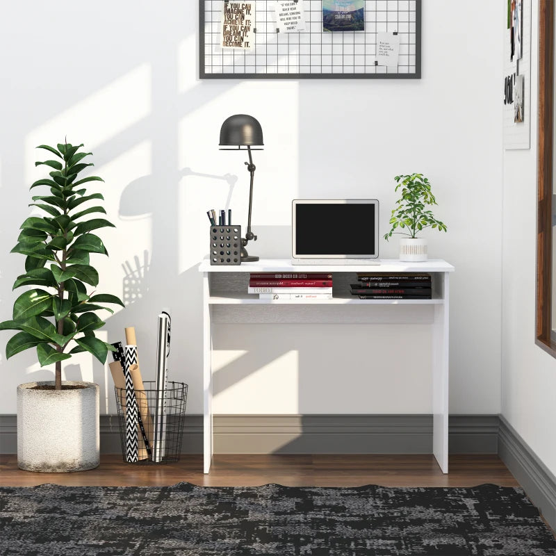 White Wood Grain Small Home Office Desk with Storage Shelf