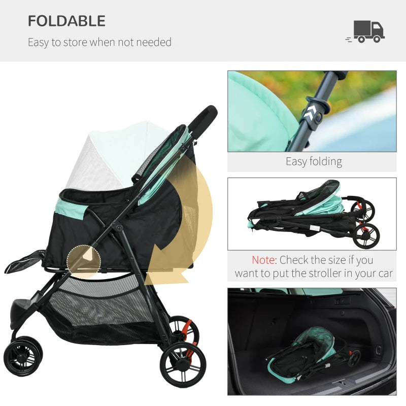 Green Foldable Pet Stroller with Rain Cover for XS and S Dogs