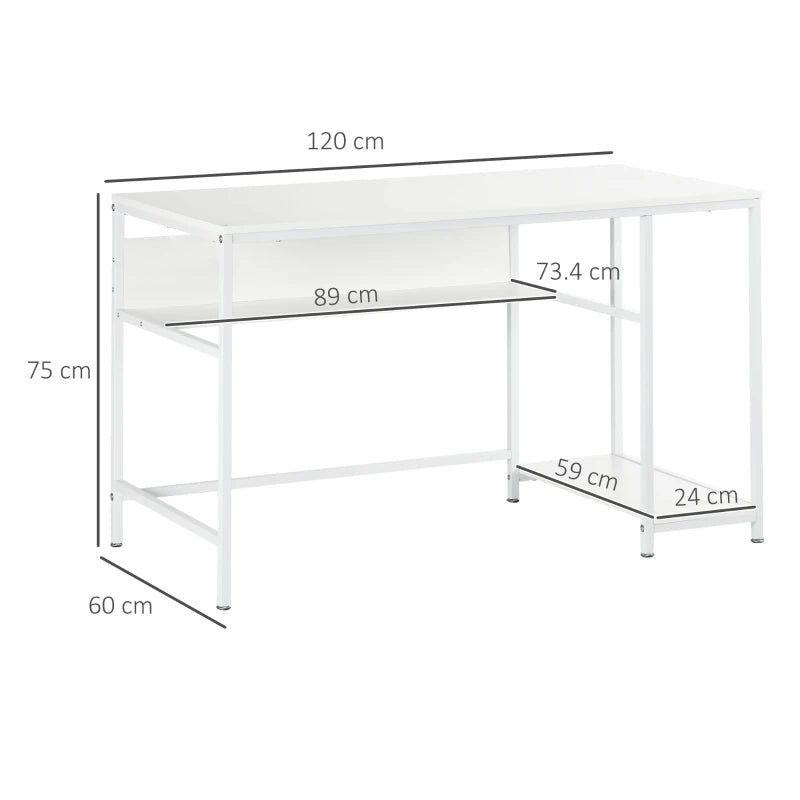 White Home Office Desk with Storage, 120 x 60cm, 2 Shelves, Steel Frame