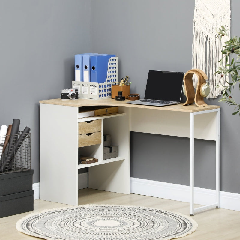 Corner Computer Desk with Drawers and Storage Compartments, Light Brown