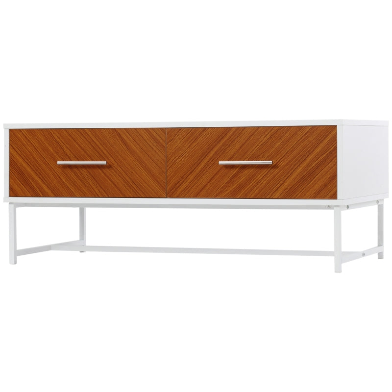 Brown Rectangular Coffee Table with Drawers and Metal Legs