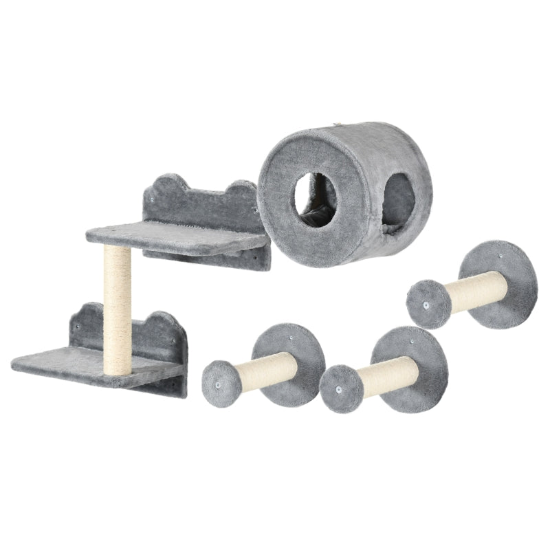 Modern Grey Cat Wall Set with Perch, House & Scratching Post