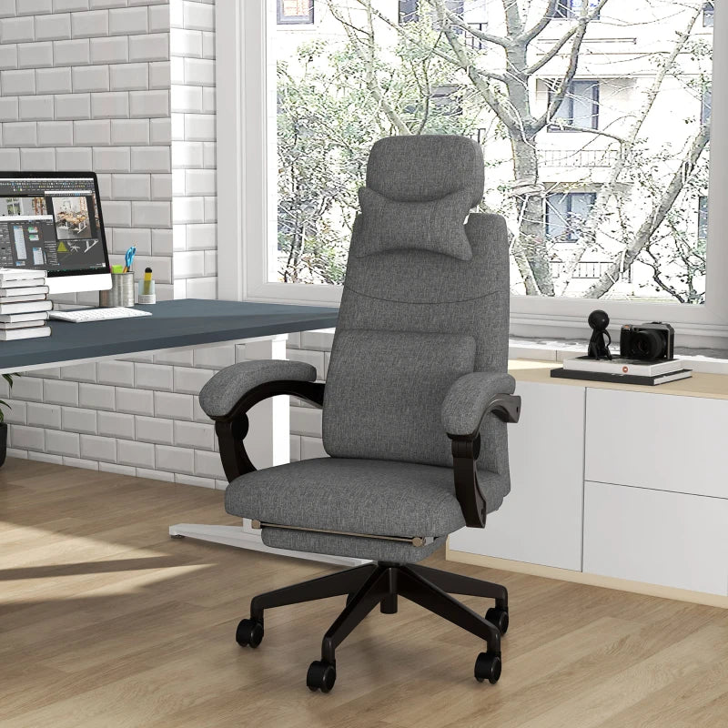 Grey Linen Office Chair with Reclining Back and Footrest