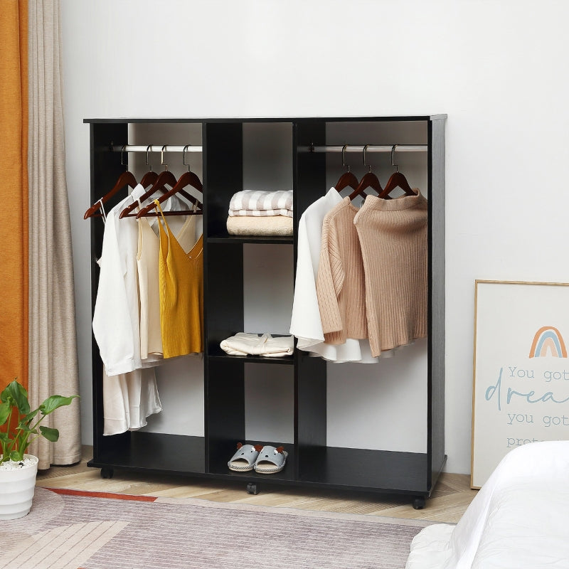 Black Double Open Wardrobe with Hanging Rails and Shelves