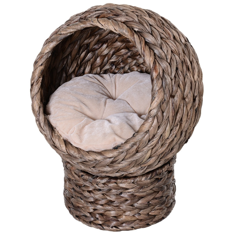 Brown Wicker Cat Bed with Raised Rattan Basket & Washable Cushion