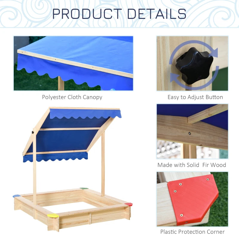 Kids Square Wooden Sand Pit with Canopy Bench Seat - Blue