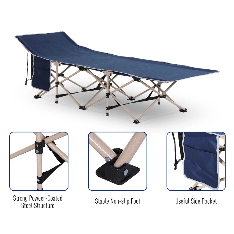 Blue Portable Folding Camping Cot with Side Pocket and Carry Bag