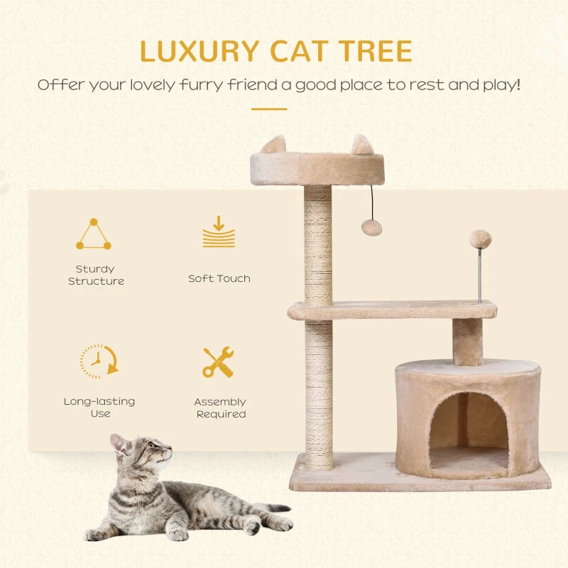 Beige Cat Tree Condo with Scratching Post and Perch - 60x40x81 cm