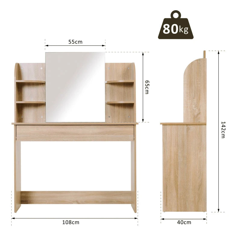 Natural Wood Dressing Table with Mirror and Storage