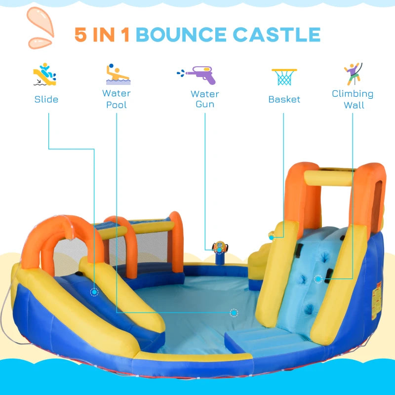 6-in-1 Kids Inflatable Bouncy Castle with Slide, Pool, Water Gun, Climbing Wall - Blue