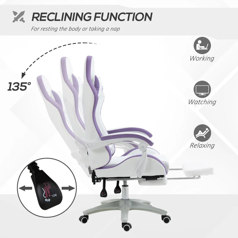 White & Purple Racing Gaming Chair with Footrest & Swivel Seat