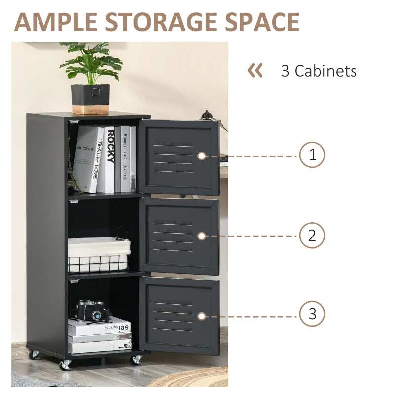 Black 3-Tier Rolling Metal Storage Cabinet with Wheels