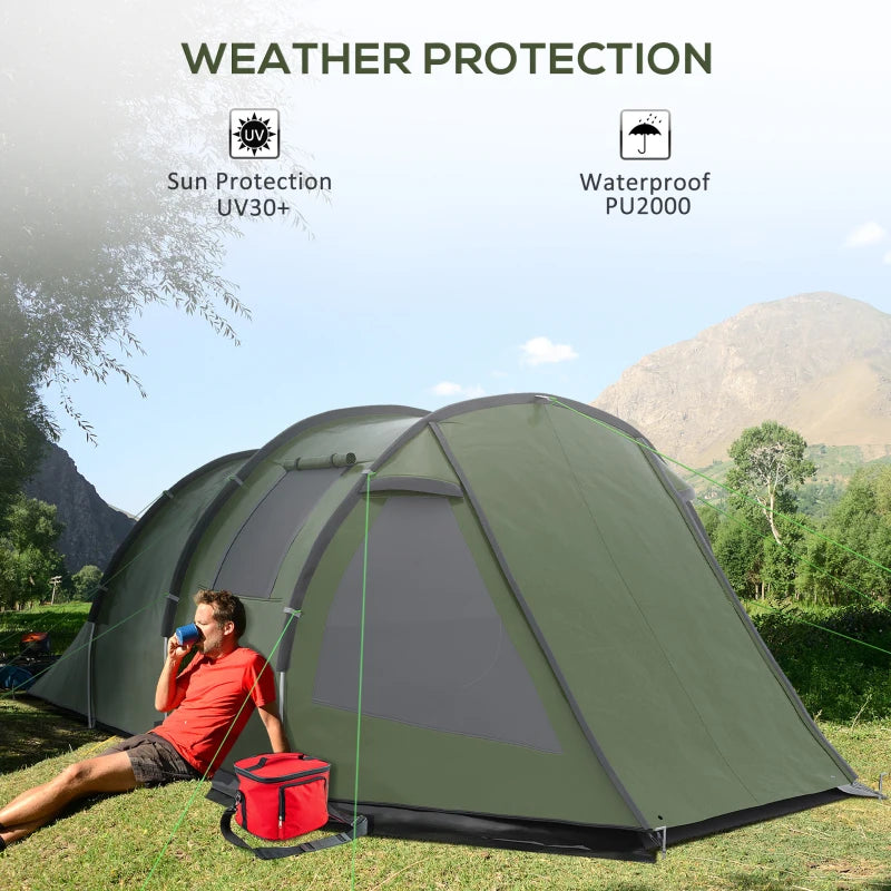 Green 3-4 Person Two-Room Tunnel Camping Tent with Windows and Carry Bag