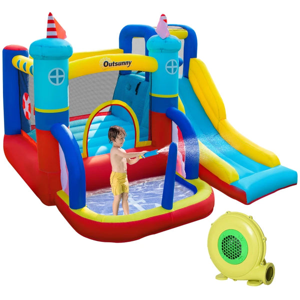 Kids Sailboat Style Inflatable Bouncy Castle with Slide & Pool - Blue