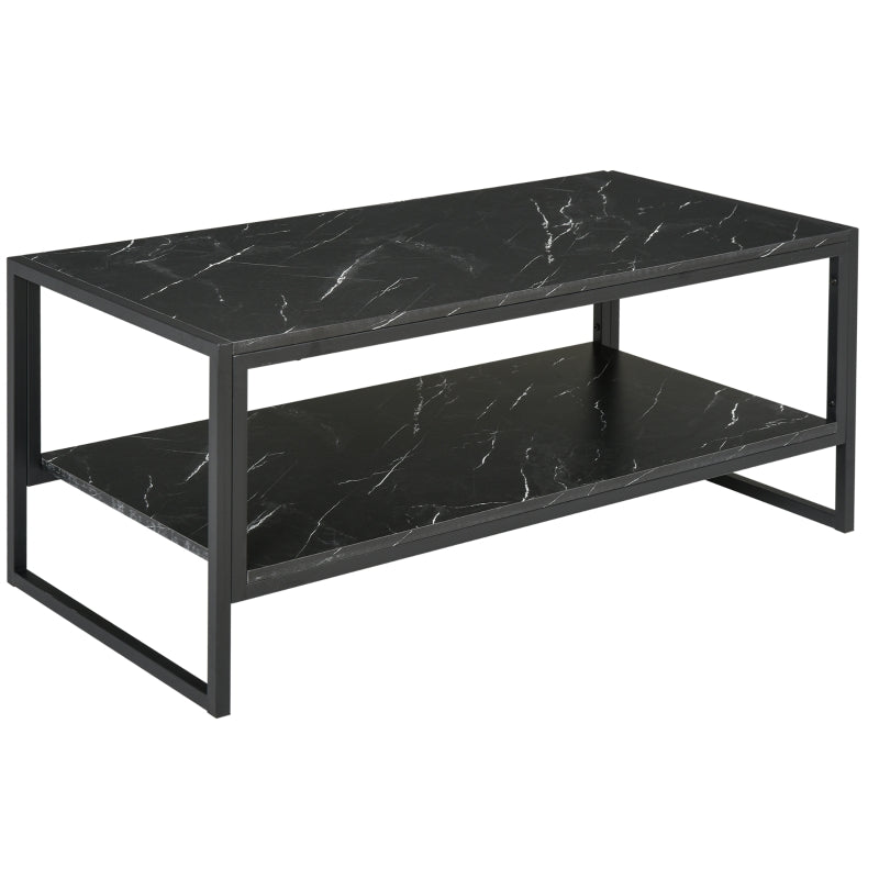 Marble Print Two-Tier Coffee Table - Modern Style, Metal Frame, 2 Shelves (White)