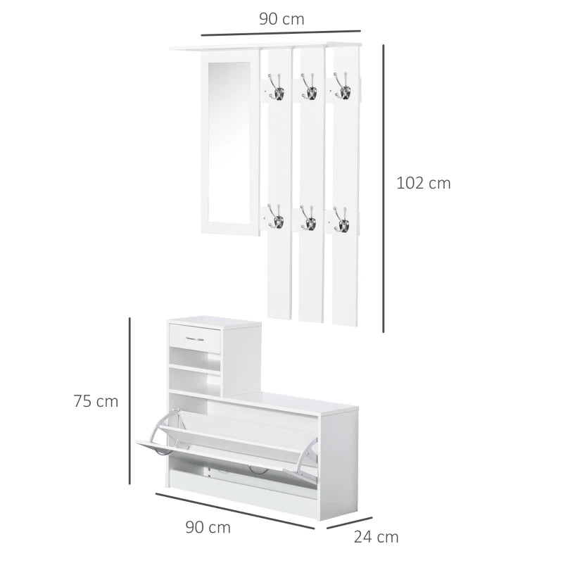 White Shoe Storage Chest with Mirror, Shelves, and Hooks