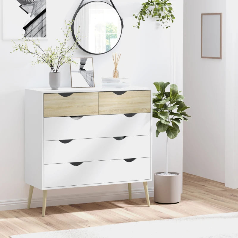 Modern White 5-Drawer Chest with Tapered Legs and Groove Handles