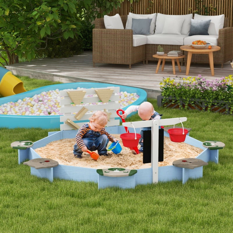 Blue Wooden Sandbox with Six Seats and Accessories for Ages 3-7