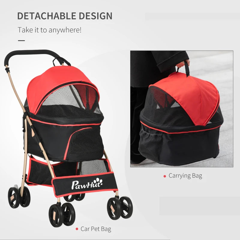 Red 3-in-1 Detachable Pet Stroller for Extra Small and Small Dogs