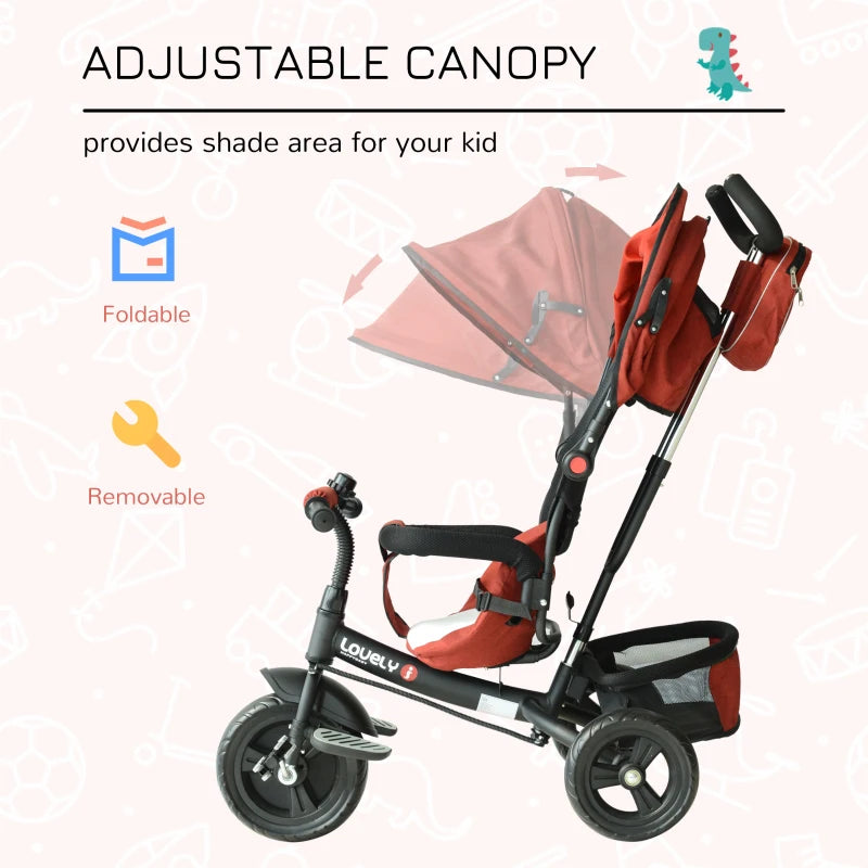 Red 4-in-1 Kids Tricycle with Parent Handle and Canopy