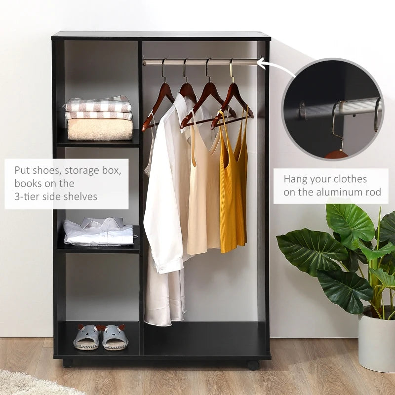 Black Mobile Wardrobe with Hanging Rod and Shelves