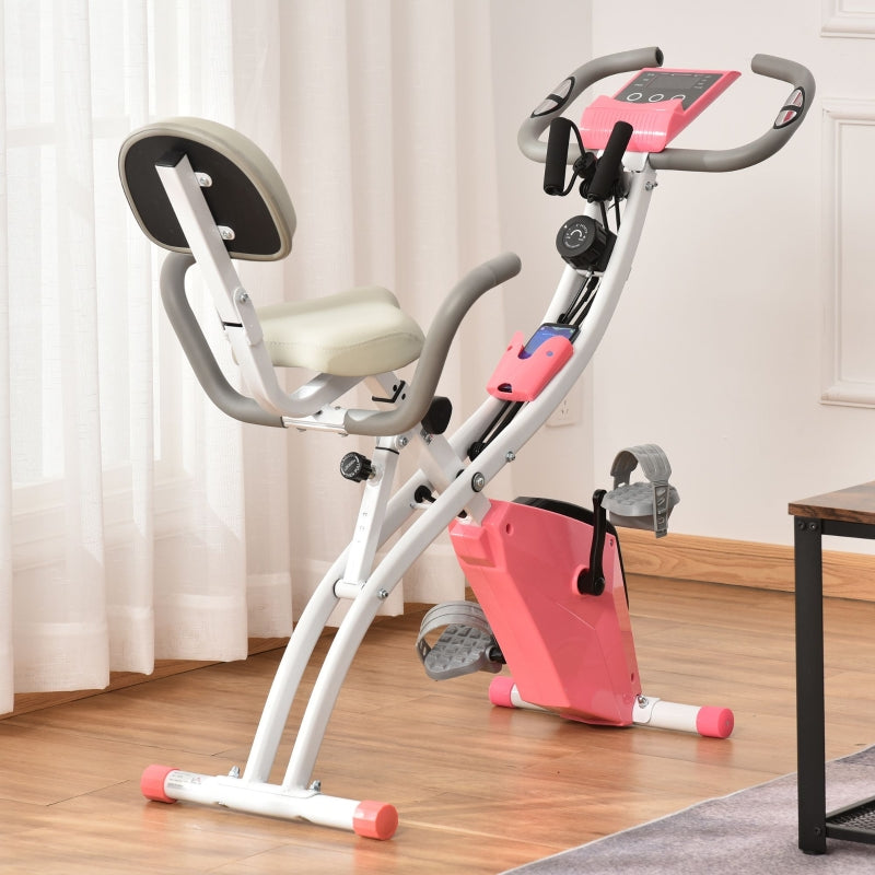 Pink Foldable Recumbent Exercise Bike with 8-Level Magnetic Resistance