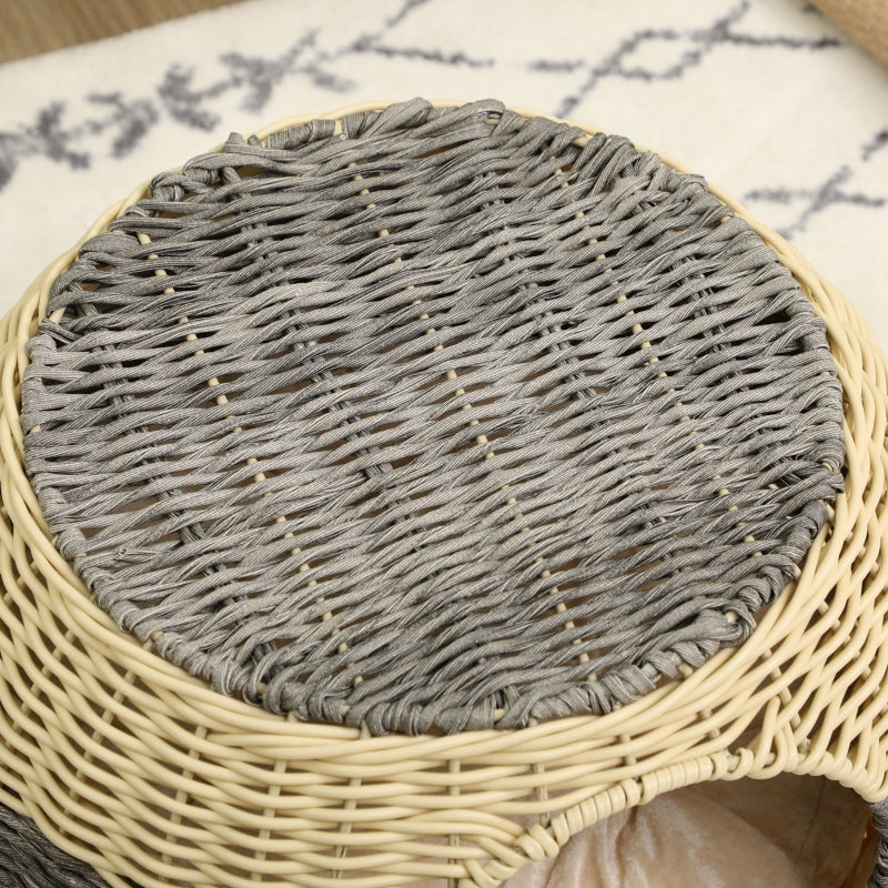 Rattan Wicker Cat Bed, Cozy Kitten Cave, Grey, Washable Cushion, 40x30cm