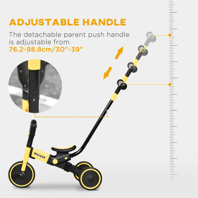 Yellow 4-in-1 Kids Tricycle with Adjustable Push Handle