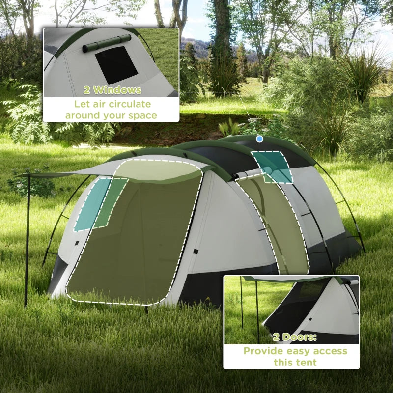 Green 3-Person Camping Tent with 2 Rooms and Porch