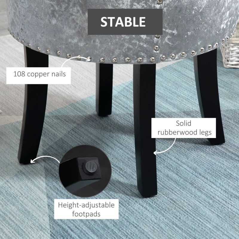 Grey Velvet Dressing Table Stool with Rubber Wood Legs