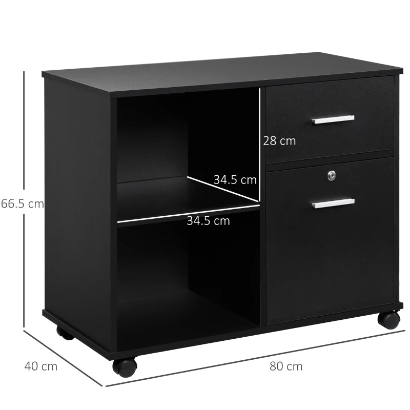 Black Mobile Filing Cabinet with Lockable Drawer and Open Shelves