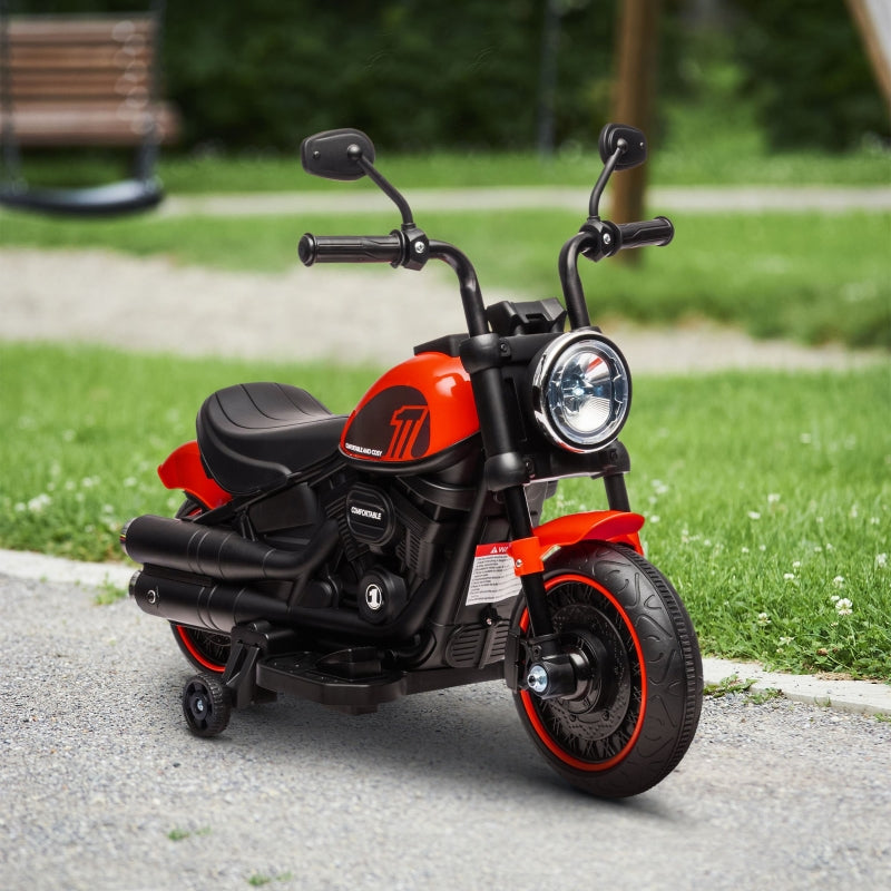 Red 6V Electric Motorbike with Training Wheels, One-Button Start