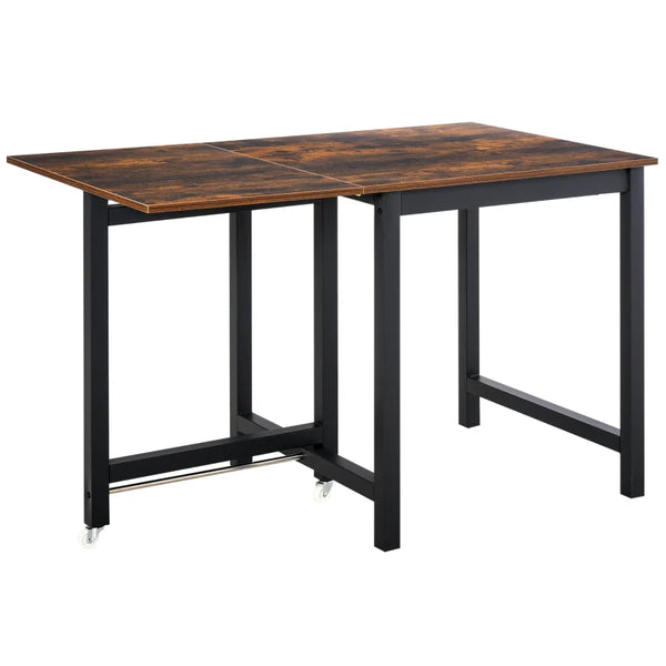 Rustic Brown Folding Dining Table with Wheels and Metal Frame