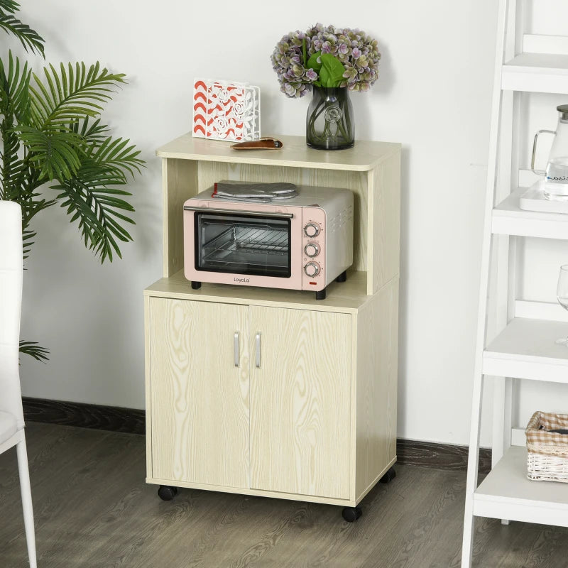Oak Tone Kitchen Microwave Cart with Cabinet and Locking Wheels