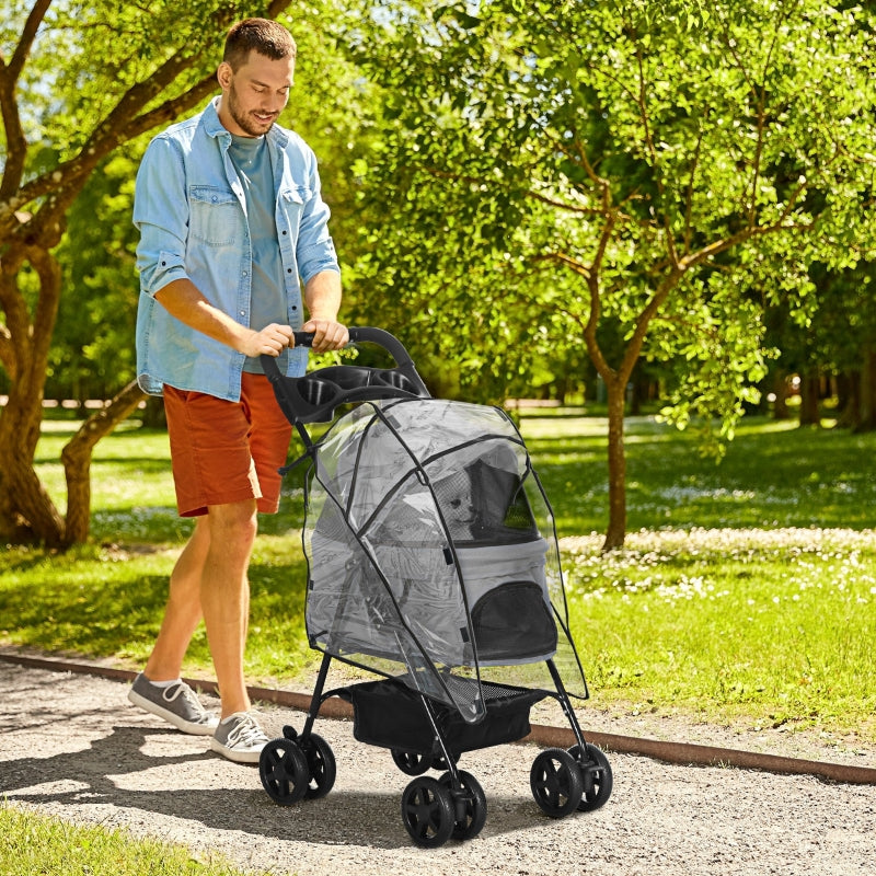 Grey Dog Stroller with Rain Cover, One-Click Fold, EVA Wheels, Safety Leash - Small Dog Pushchair